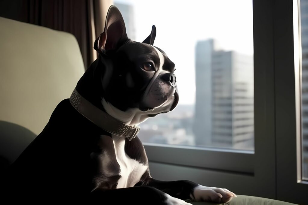 Boston Terrier Looks Out Window
