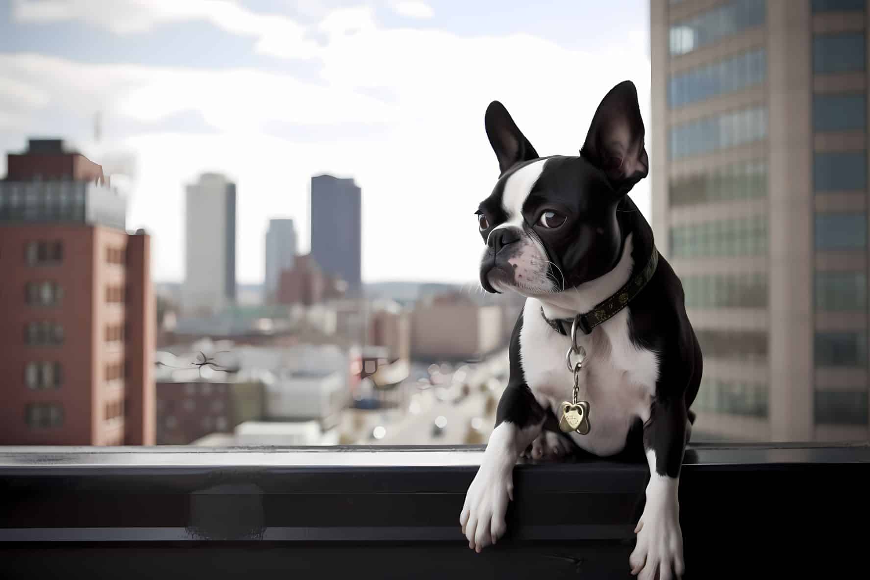 Boston Terrier Perches On Rooftop
