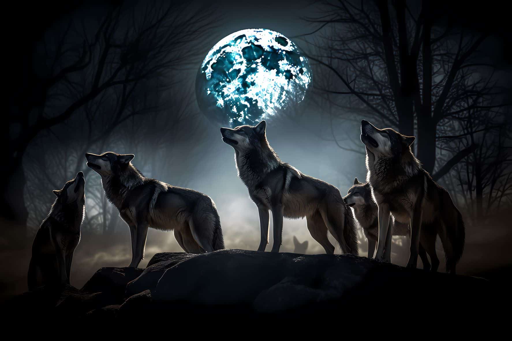 Wolf Pack Howing At The Moon