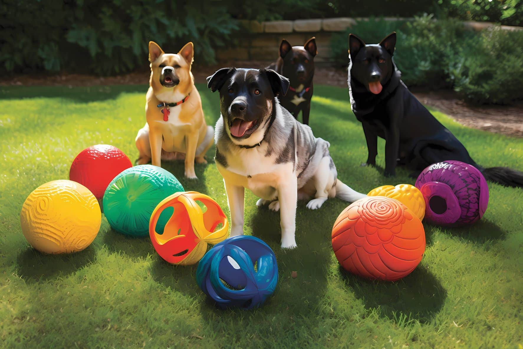 A gaggle of cute dogs playing with their dog toys